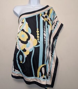 BEBE One Shoulder Black and Blue Silk Top Xs